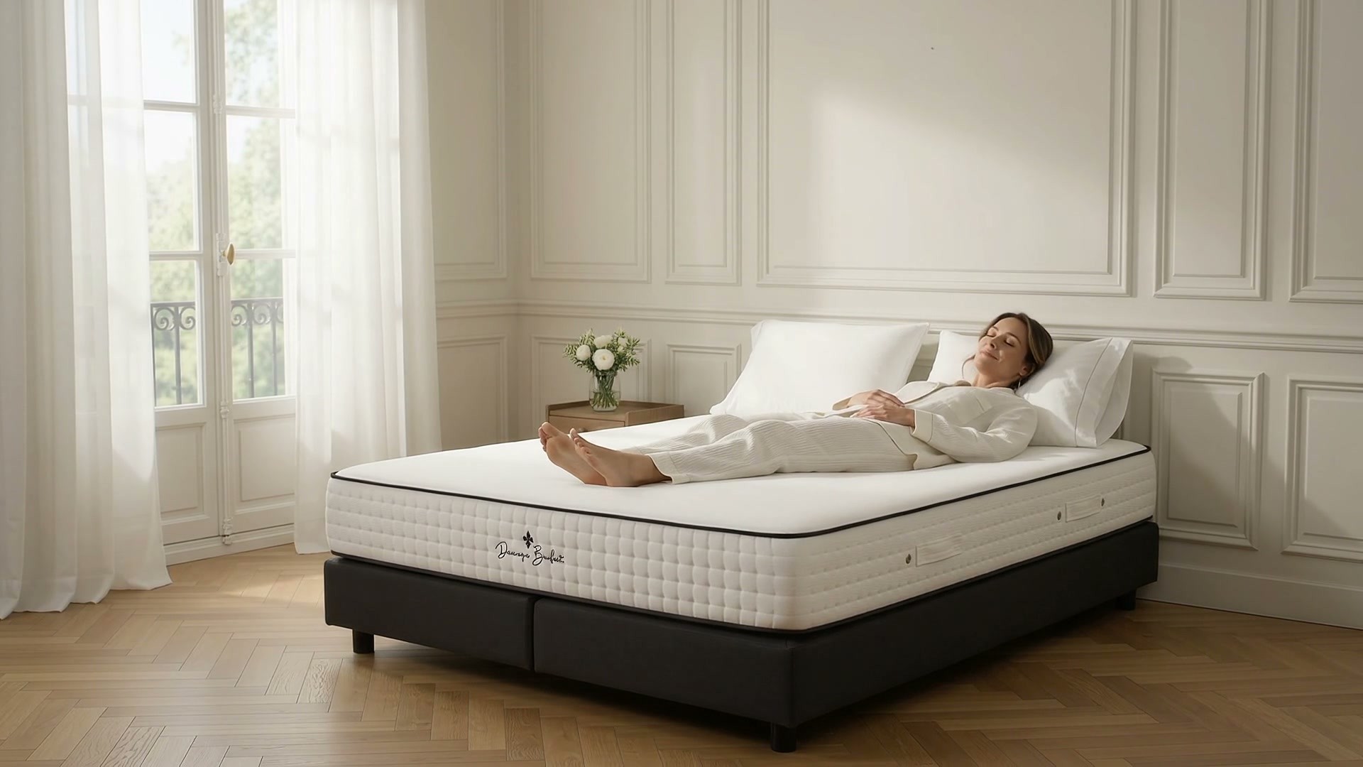 A woman in ivory linen pyjamas comes into a bright panelled room, sits on today’s mattress and lies down on it.