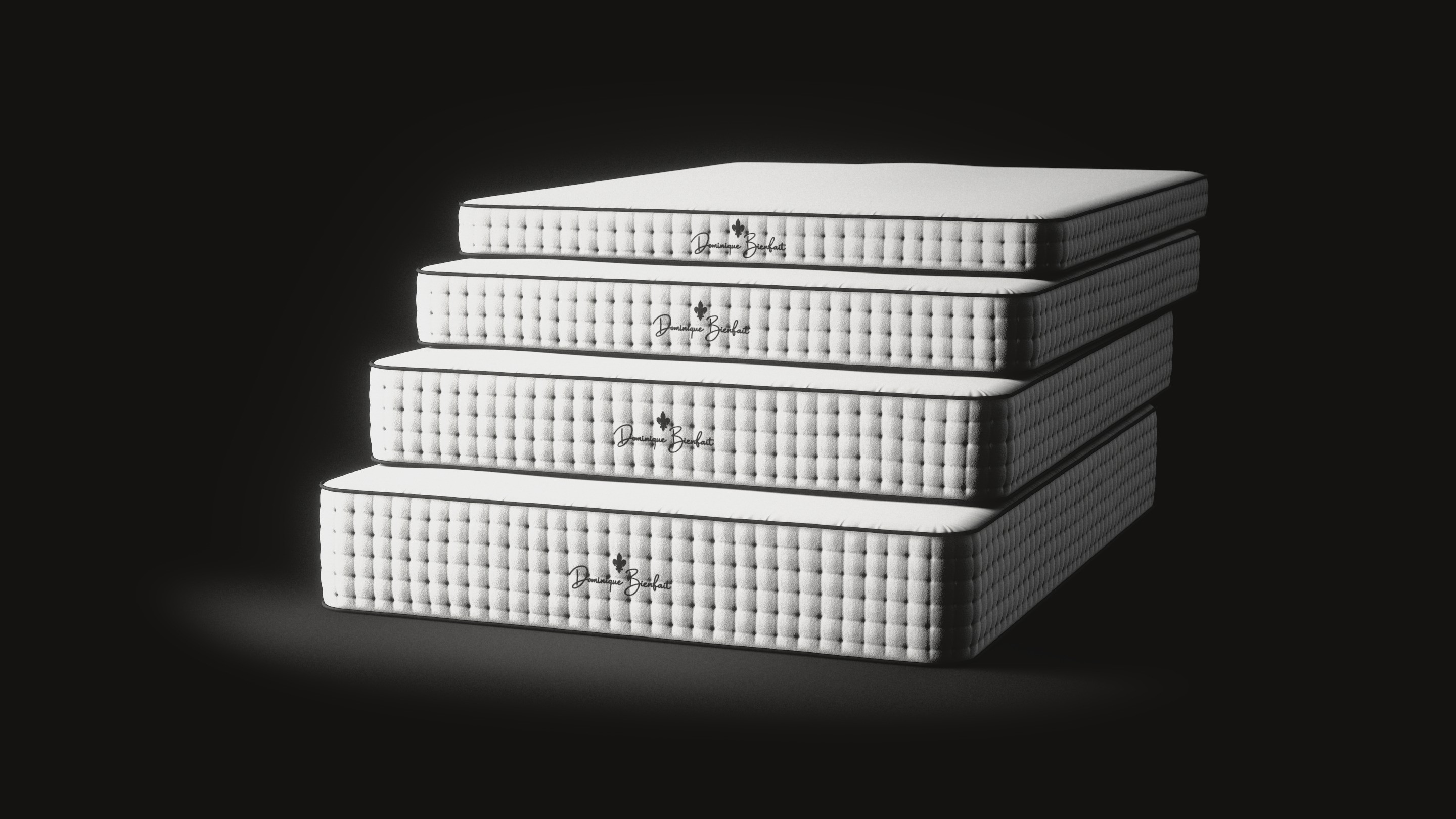 Four white tufted mattresses piled in a black studio, each a little set back on the one under it, from 15 cm at the top to 30 cm at the bottom, each with the black fleur-de-lis and the name Dominique Bienfait on its foot end.